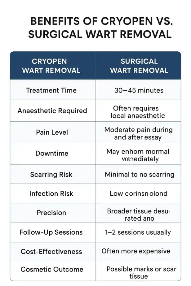 Table showing the benefits of cryopen to remove warts Owsestry compared to surgical treatment